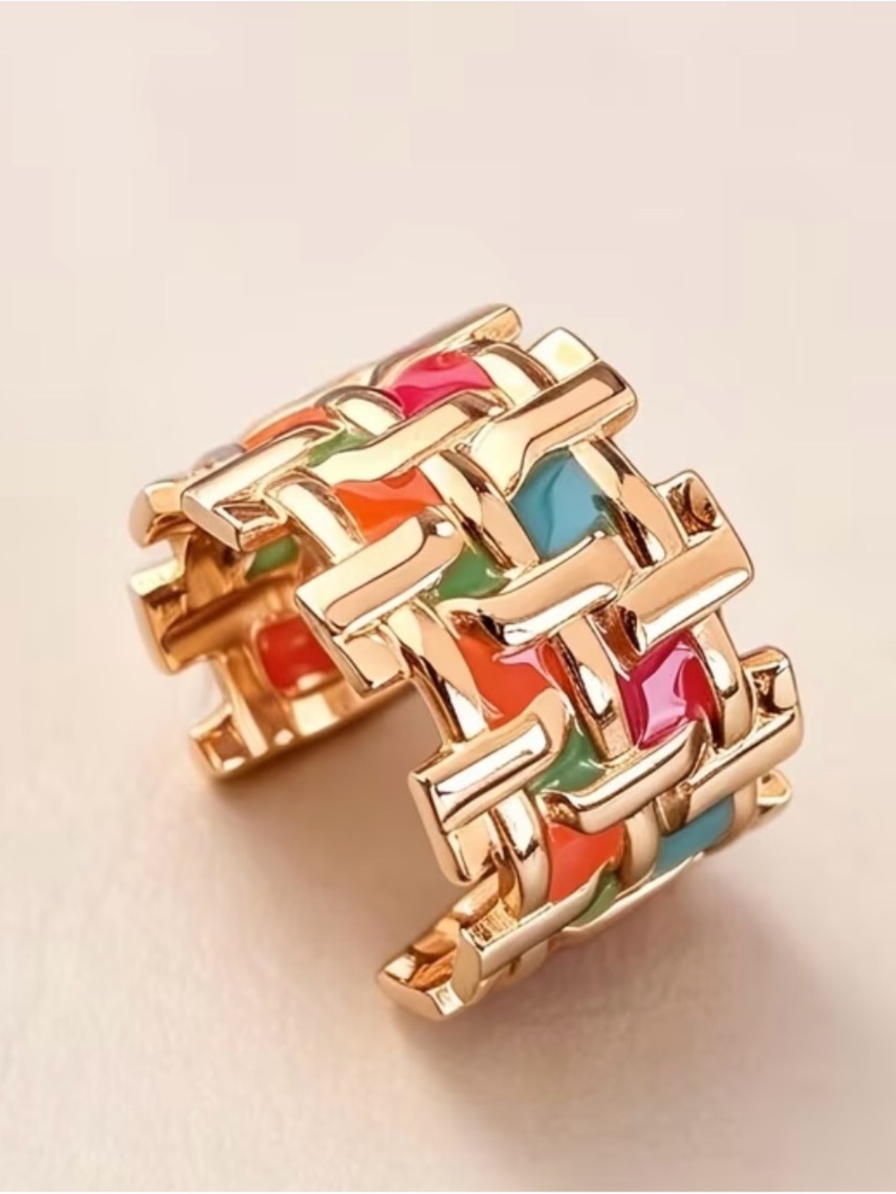 Gold-Tone Multicolor Enamel Wide Link Ring